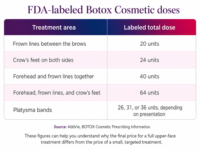 These figures can help you understand why the final price for a full upper-face treatment differs from the price of a small, targeted treatment. Source: AbbVie, BOTOX Cosmetic Prescribing Information.